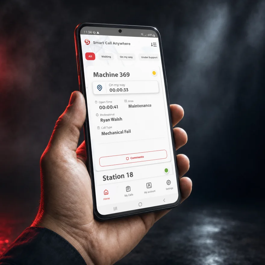 Smart Call Anywhere on a phone — the same call with status, area, responder, and call type