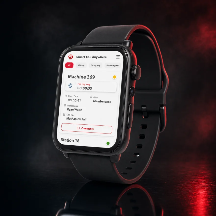 Smart Call Anywhere on a watch — the responder receives the call: Machine 369, On my way, with a live timer