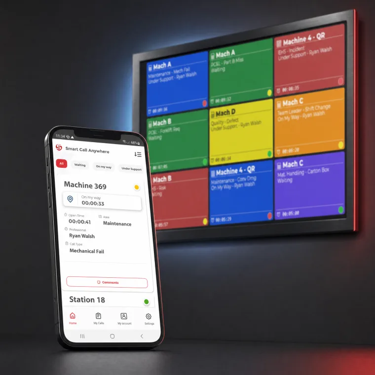 Smart Call Anywhere app on a phone with the Bell Cloud floor TV behind it